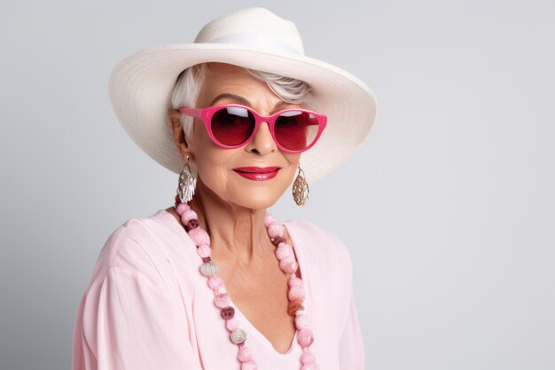 Elegant lady of old age in fashion outfit accessories pink xAxAsunglasses and a white hat Elderly female isolated on grayxAu