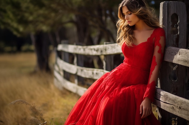 Elegant lady in a scarlet gown amidst the woods