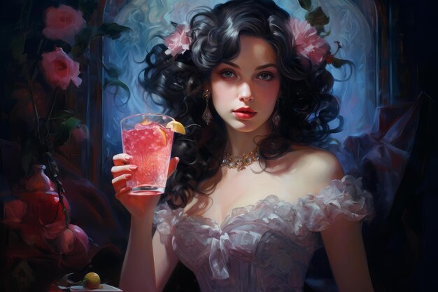 Elegant lady with a glass of beverage in a floral setting