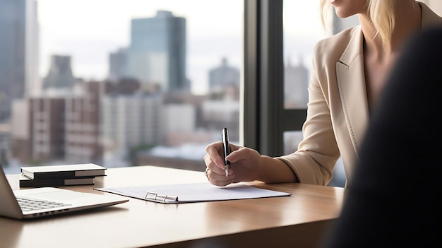 Elegant lady working from her sleek modern office overlooking the city