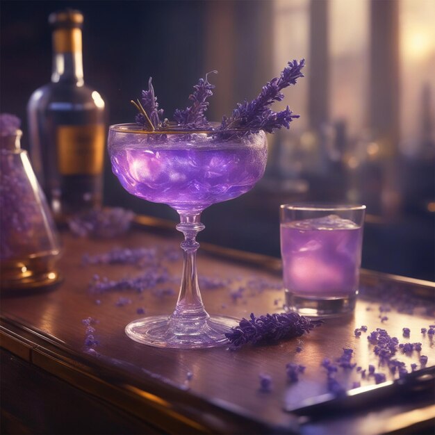 Premium AI Image Elegant Lavender Garnish Cocktail Idea Cocktail Glass Realistic Sharp Focus