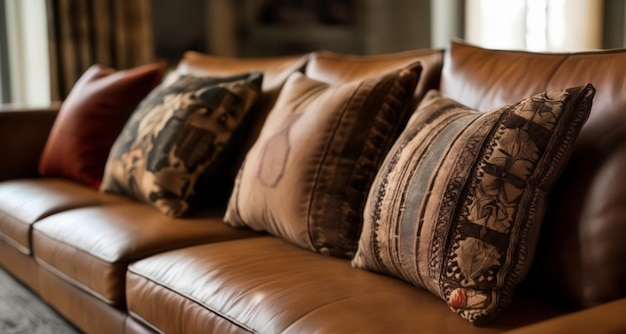 Photo elegant leather sofa adorned with a variety of decorative pillows