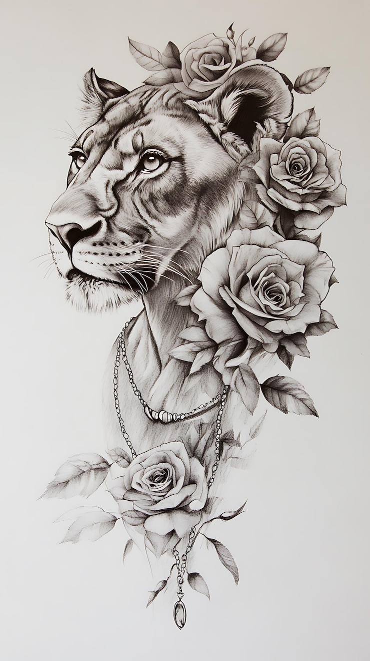 Foto elegant leeuwinnetatoeageontwerp met rozen en ketting