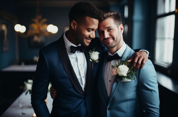 Foto elegant lgbt-paar geniet van een bruiloftsreceptie