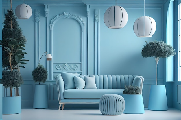 Elegant light blue living room mockup frame for wall art image luxury large green pastel sofa