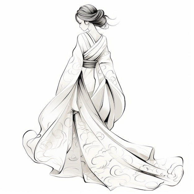 Elegant lijnwerk een vrouw in een witte kimono