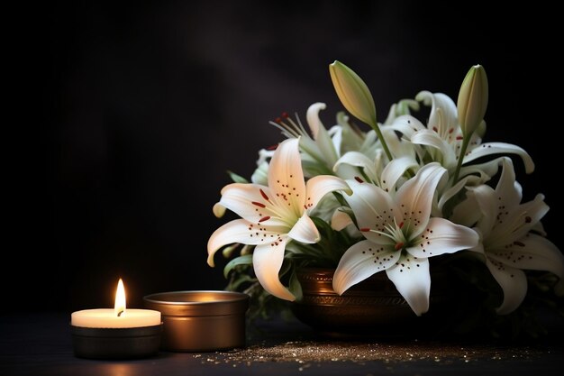 Elegant Lily and Candle on Dark Background Generative AI