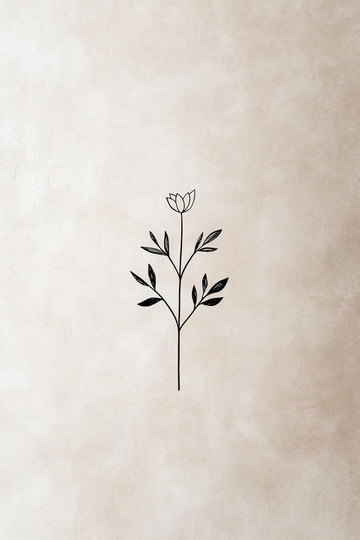 Photo elegant line drawing features fern leaves and a lotus against a soft beige backdrop its minimalist design balances simplicity with graceful details reflecting scandinavian aesthetic influences