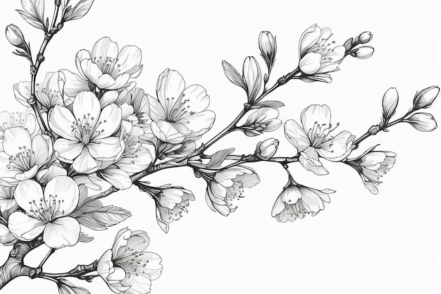 Photo elegant line drawing of a spring cherry blossom branch illustration for invites and cards