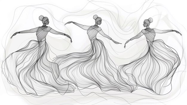 Photo elegant line drawing of three ballerinas dancing in flowing dresses capturing grace and movement