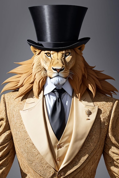 Photo elegant lion man wearing suit and top hat