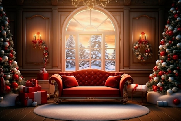 elegant living room backdrop with christmas tree and threeseater sofa