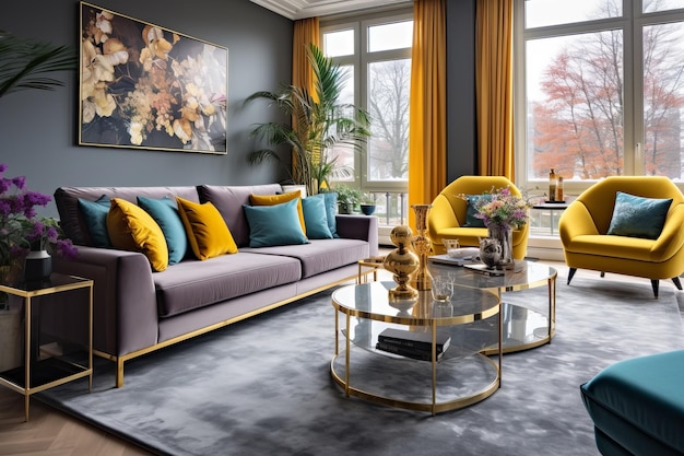 Elegant living room interior design with gray sofa yellow armchairs and floral painting