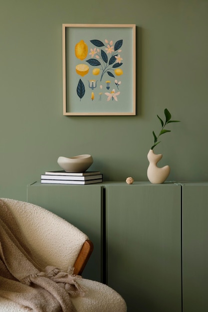 목업 포스터 프레임 현대적인 프로테 안락의자 나무 화장실과 세련된 액세서리가 있는 우아한 거실 인테리어 디자인 녹색 벽 템플릿 복사 공간