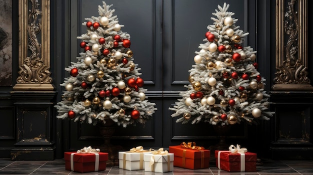 Элегантный интерьер гостиной, украшенный рождественской елкой и праздничными пакетами