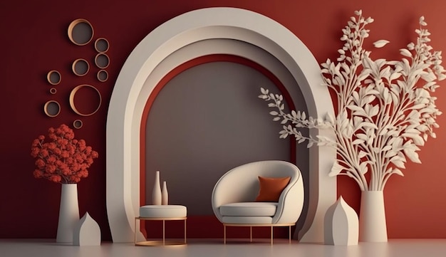 Элегантный интерьер гостиной, макет 3 современной мебели, декоративная и арка с модным сухоцветом