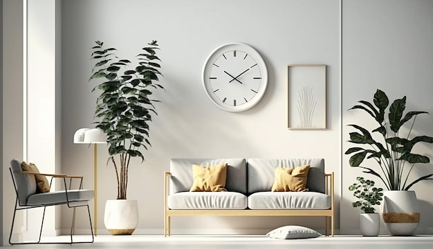 エレガントなリビング ルームのインテリア モックアップ 3 つのモダンな家具の装飾とトレンディなドライフラワーのアーチ