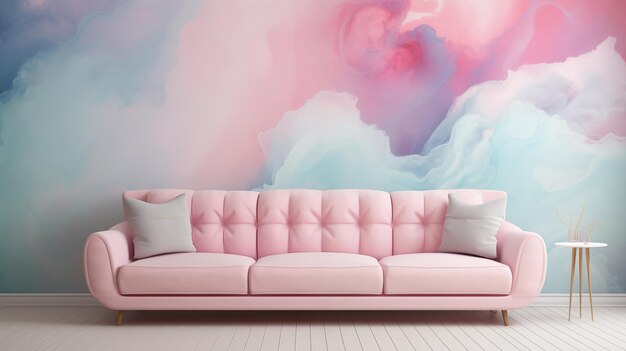 Photo elegant living room interior with a pink sofa and a cloudthemed mural wall