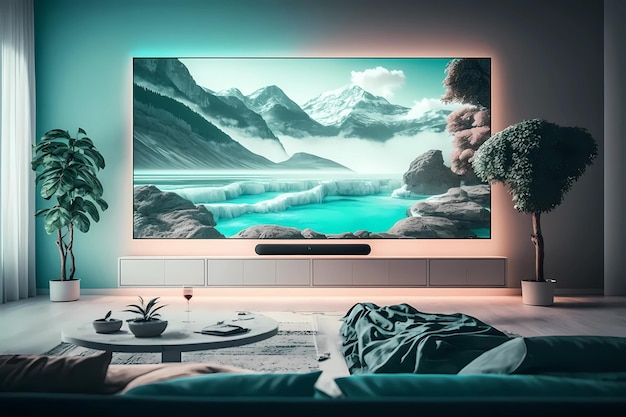 Photo elegant living room with big tv pastel color interior design generative ai