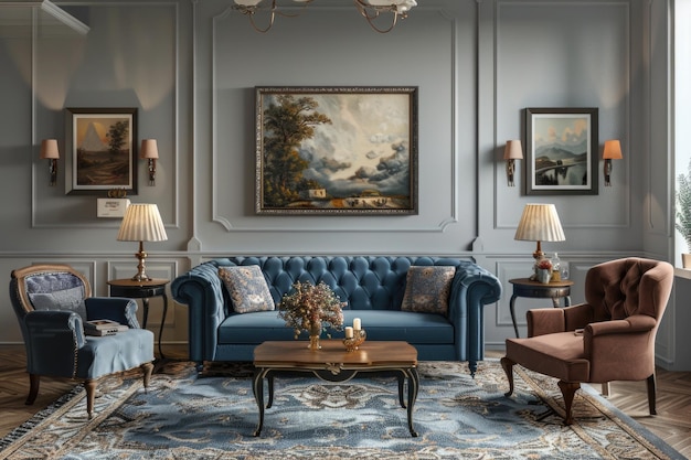 Photo elegant living room with blue sofa and artwork