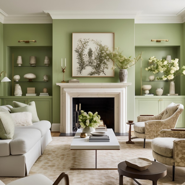緑の壁と白い家具の優雅なリビングルーム