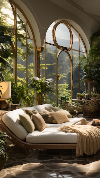 Фото Элегантная гостиная с большими окнами и пышной зеленью