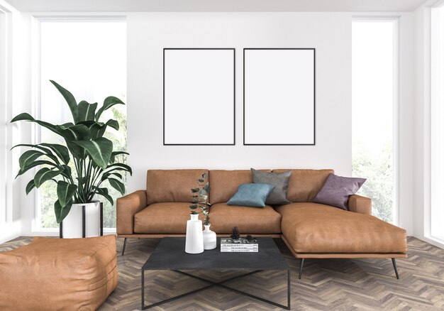 Elegant living room with a leather sofa, double frames mockup, artwork background