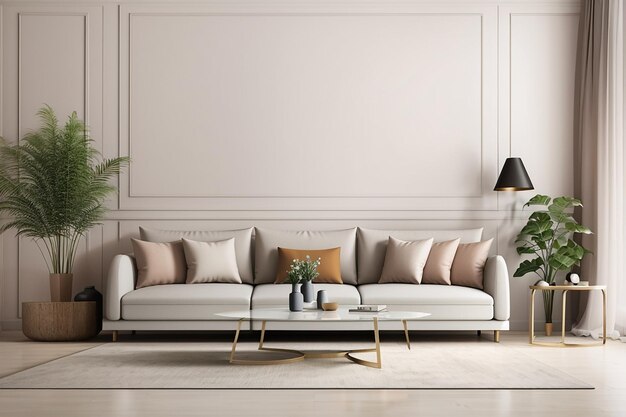 Elegant living room with sofa and mockup wall