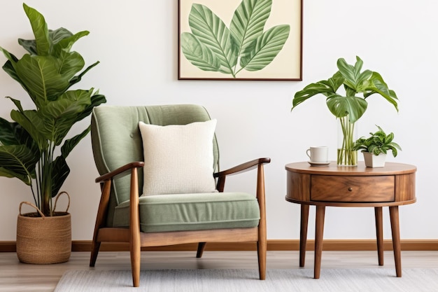 Elegant Living Room with Wooden Coffee Table Vintage Armchair Green Plant and Framed Poster Real