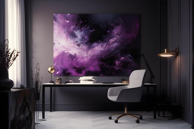 Elegant luxe modern interieurontwerp van woonkamer met paarse abstracte schilderijen