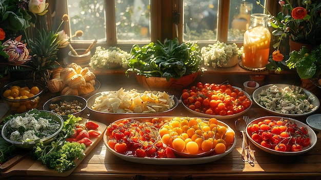 elegant luxury dinner foods view from above on table