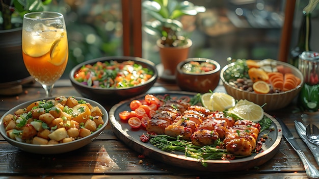 elegant luxury dinner foods view from above on table