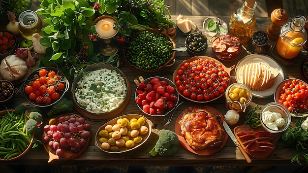 elegant luxury dinner foods view from above on table