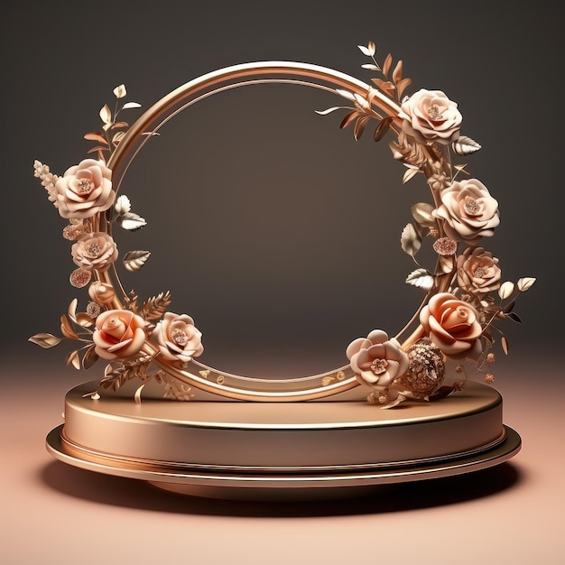 金色のバラの葉と真珠の装飾的な要素を備えたエレガントな豪華なポディウム 結婚式 誕生日パーティー 記念日祝い コンセプトまたは製品展示 プレゼンテーション ジェネレーティブAI