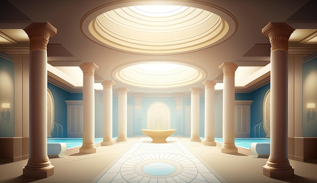 Элегантная роскошная королевская оздоровительная ванна, спа-интерьер, плакат для спа-центра или римской бани в мультяшном стиле, созданный Ai
