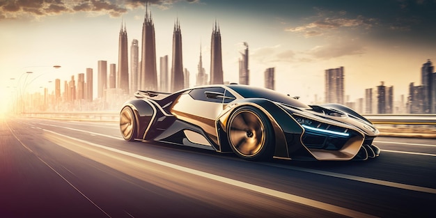 モダンな都市高速道路を走るエレガントな高級スーパースポーツカーの未来のデザイン