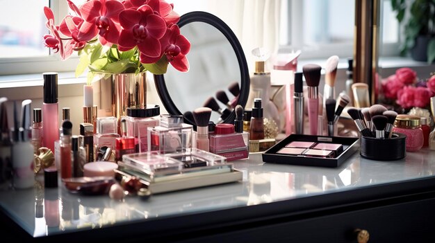 Elegant makeup table with various cosmetics and brushes