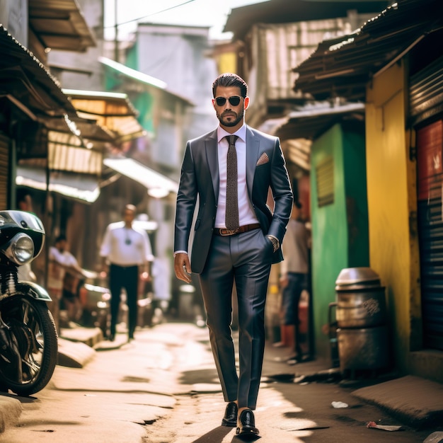 elegant man in an expensive suit walks through a dirty poor slum area