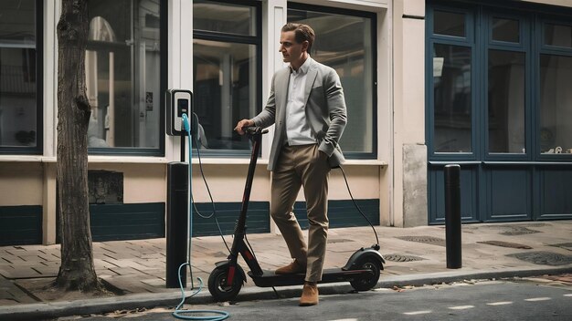 Elegant man is charging his electrical scooter with charger on special parking