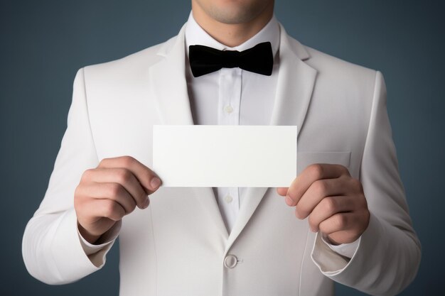 Elegant Man Presenting Blank Card