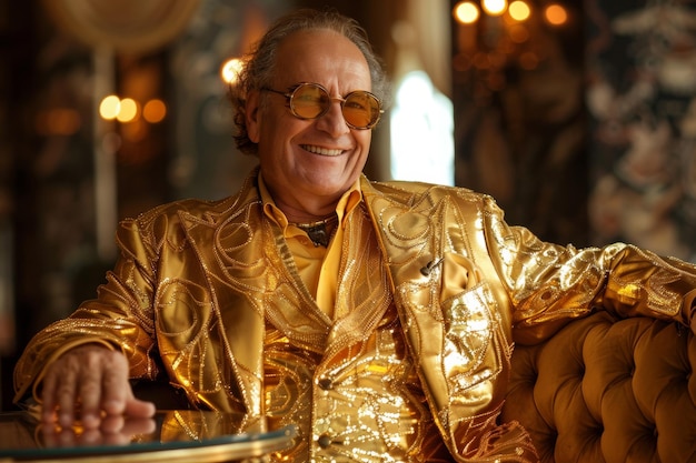 Elegant Man Smiling in Golden Jacket