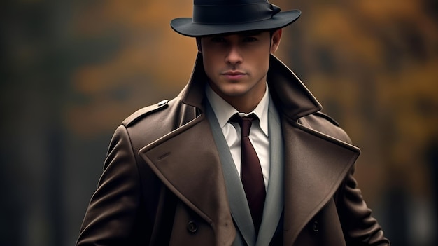 Elegant man in a trench coat and hat posing with a mysterious look in a dimly lit vintage setting