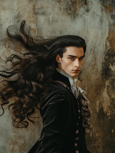 Elegant man with flowing hair in vintage attire against a textured backdrop