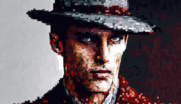 elegant man with pixelated face and hat