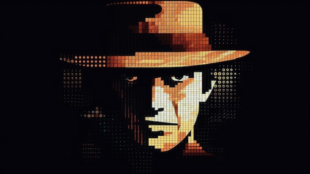 elegant man with pixelated face and hat