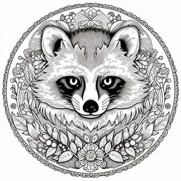 Elegant Mandala pattern raccoon on white background AI generated