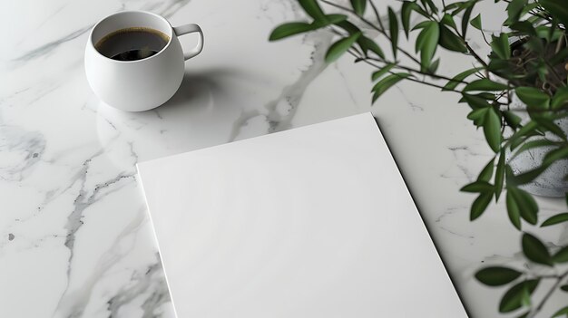 Photo elegant marble table with a cup of coffee and a blank page workspace branding and mockup concept