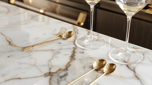 Photo elegant marble table with golden cutlery and wine glasses