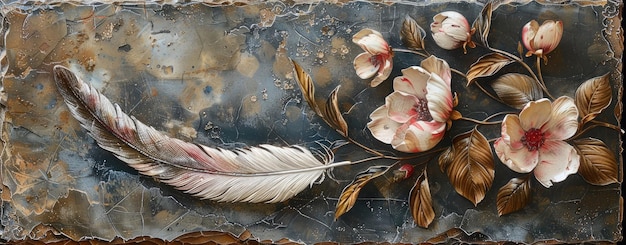 Elegant Marble Wall Art with Feathers and Flowers Arrangement