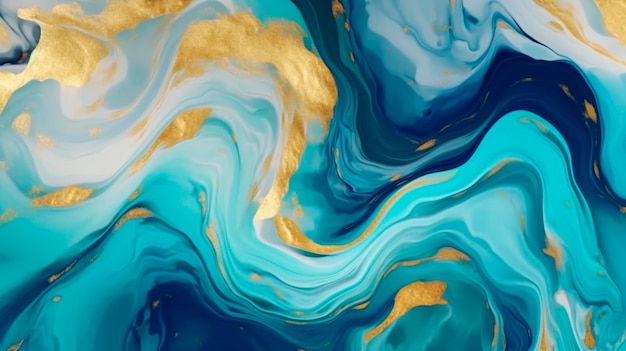 Элегантные жидкие водовороты мраморных обоев в красивых бирюзовых и синих тонах с генеративным искусственным интеллектом золотого порошка